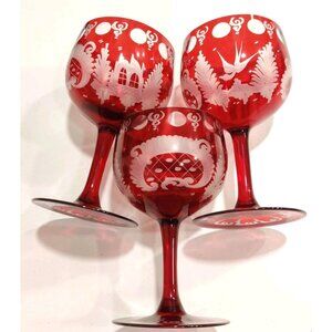 Vtg EGERMANN Ruby Wine Glass Stag Red Staining Bohemian Baroque 2.5x4.5"